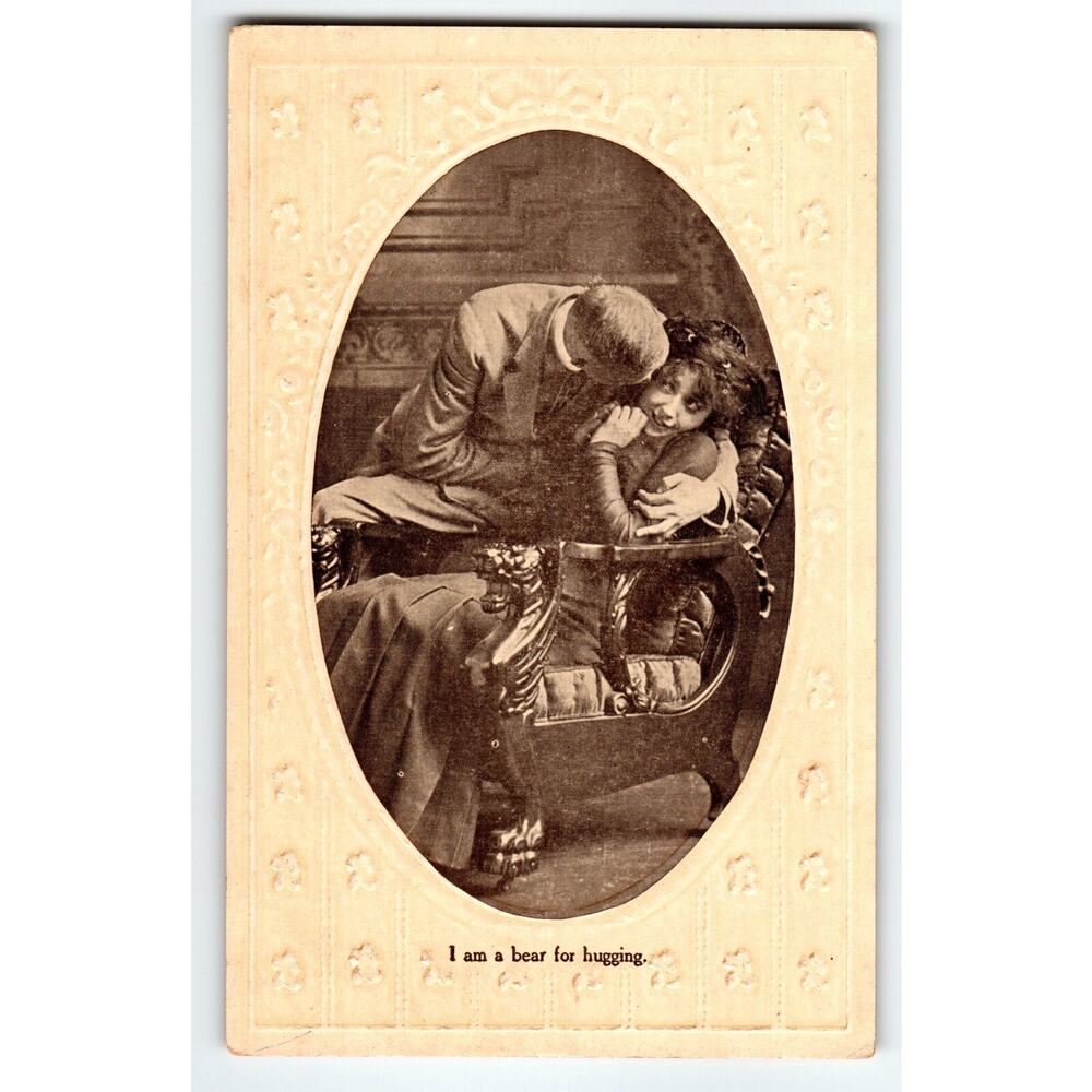 Romance Postcard I Am A Bear For Hugging Man Women Hugs Embossed Oval Border